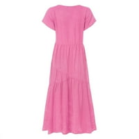 Фустани За Жени Лабава V-Вратот Краток Ракав Висок Половината Лето Макси А-Линија Розова Цврст Фустан 5XL