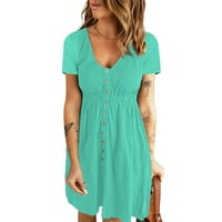 Цетрио Жена Фустан-Мода Секојдневен Удобен Цврст Краток Ракав Екипажот Копче На Вратот Должина На Коленото Фустан Нане Зелена
