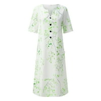 Miayilima Midi фустани за жени случајни летни ленти копче V-врат Кратки ракави џеб долг фустан од празникот фустан лабава цветна