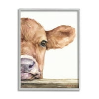 Студената индустрија за бебиња теле телека од крава, што се одмори, рурално сликарство, сиво врамена уметничка печатена wallидна