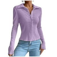 Копче за долг ракав за жени надолу од кошули со обична скута цврста боја блузи пријатни модни лабави вклопувани врвови на пулвер