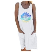 Фустани без ракави за жени случајни летни жени Chrysanthemum Print фустан со екипаж џебови жени Daisy Daisy Pocketsdress