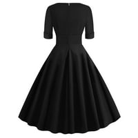 Фустани За Жени Краток Ракав V - Вратот Еднобојна Ретро Висок Половината Одлуки Фустан Црна 4