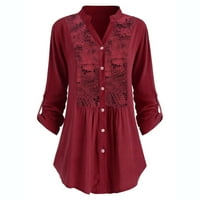 Врачна цврста боја блуза за жени ракав за манжетни со чипка Дневно лето есен на долги ракави врвови лабави вклопени трендовски кошули блузи