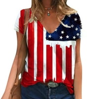 Шумски маици За Жени Обични Врвови Рачно Насликани Американско Знаме V Пуловер На Вратот Краток Ракав Денот На Независноста