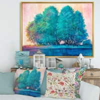 DesignArt 'Импресија на сино обоено дрво од езерото' езерото куќа врамена платно wallидна уметност печатење
