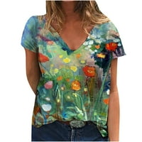Јинмгмхј Големина На Модни Ракави Печатени Кратки Секојдневни Блузи Блузи Дами Маица В-Врат Плус Женска Блуза Зелена+Л