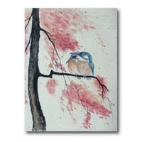 Две сини птици Кингфишер кои седат на цветни гранки што сликаат платно уметнички принт
