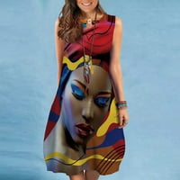 BallsFHK Женска Мода Секси Дигитално Печатење Со Кружен Врат Без Ракави Секојдневен Фустан сарафани за жени