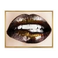 DesignArt 'Златни црни усни гризени' модерни врамени платно wallидни уметности